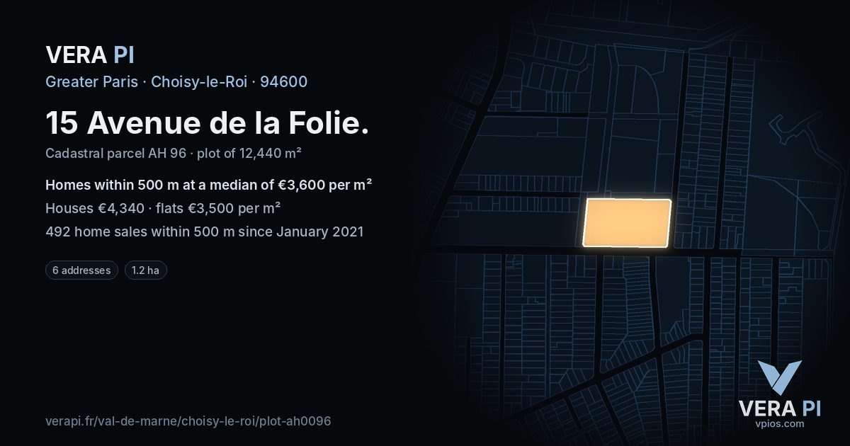 15 Avenue de la Folie, Choisy-le-Roi at night – the plot lit, the parcels around coloured by the prices near them