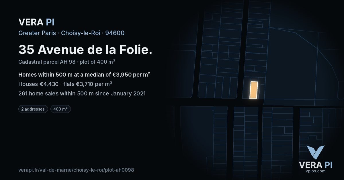 35 Avenue de la Folie, Choisy-le-Roi at night – the plot lit, the parcels around coloured by the prices near them