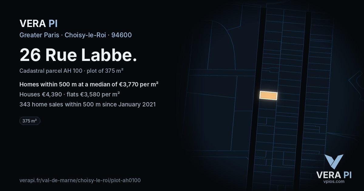 26 Rue Labbe, Choisy-le-Roi at night – the plot lit, the parcels around coloured by the prices near them