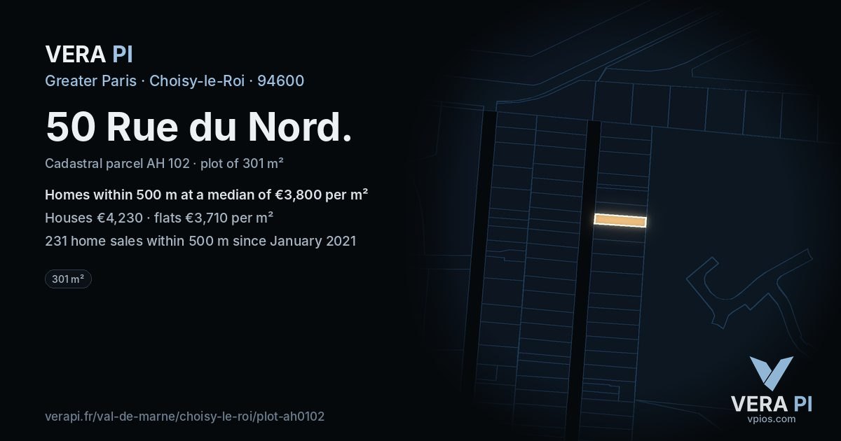 50 Rue du Nord, Choisy-le-Roi at night – the plot lit, the parcels around coloured by the prices near them