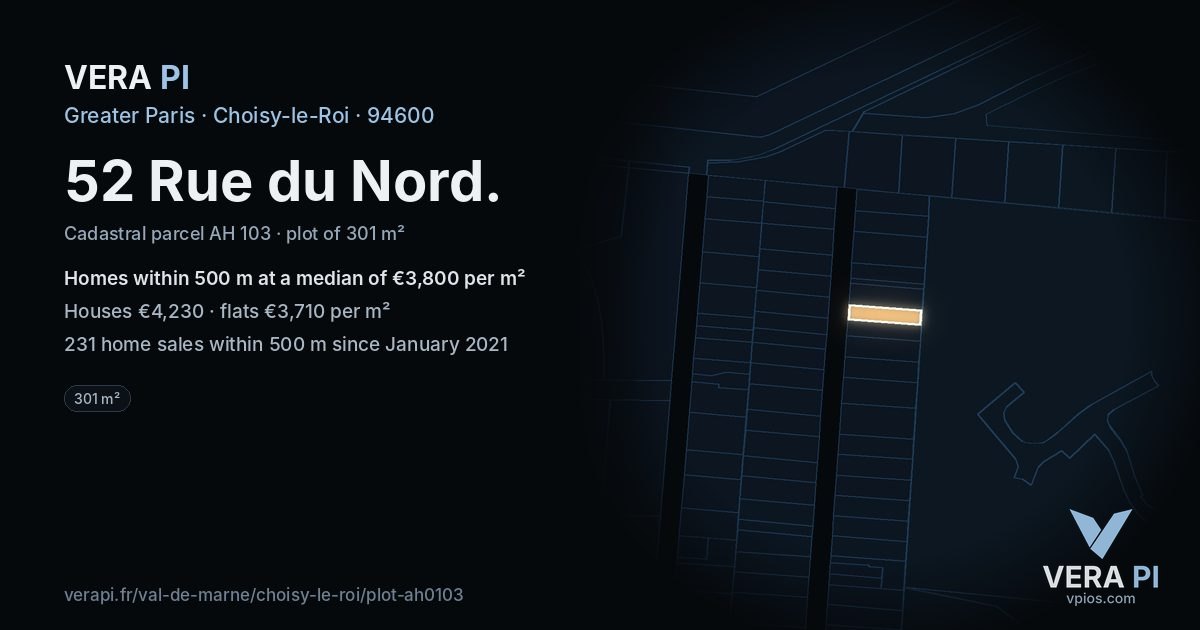 52 Rue du Nord, Choisy-le-Roi at night – the plot lit, the parcels around coloured by the prices near them