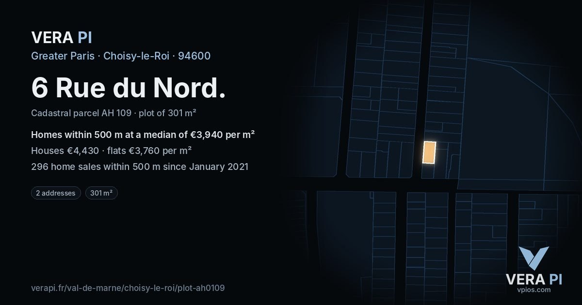 6 Rue du Nord, Choisy-le-Roi at night – the plot lit, the parcels around coloured by the prices near them