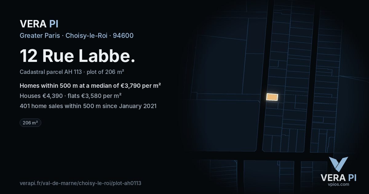 12 Rue Labbe, Choisy-le-Roi at night – the plot lit, the parcels around coloured by the prices near them