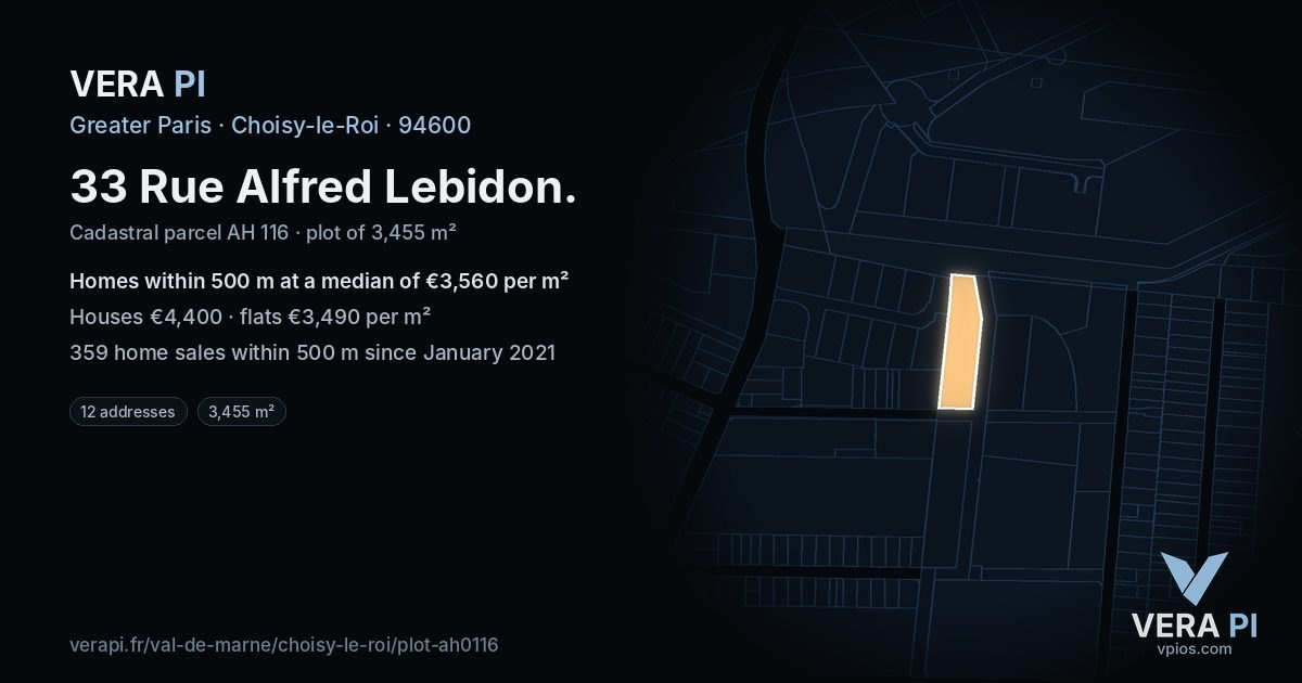 33 Rue Alfred Lebidon, Choisy-le-Roi at night – the plot lit, the parcels around coloured by the prices near them