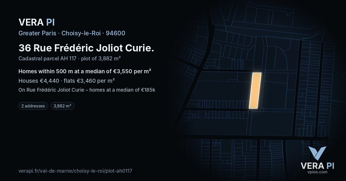 36 Rue Frédéric Joliot Curie, Choisy-le-Roi at night – the plot lit, the parcels around coloured by the prices near them