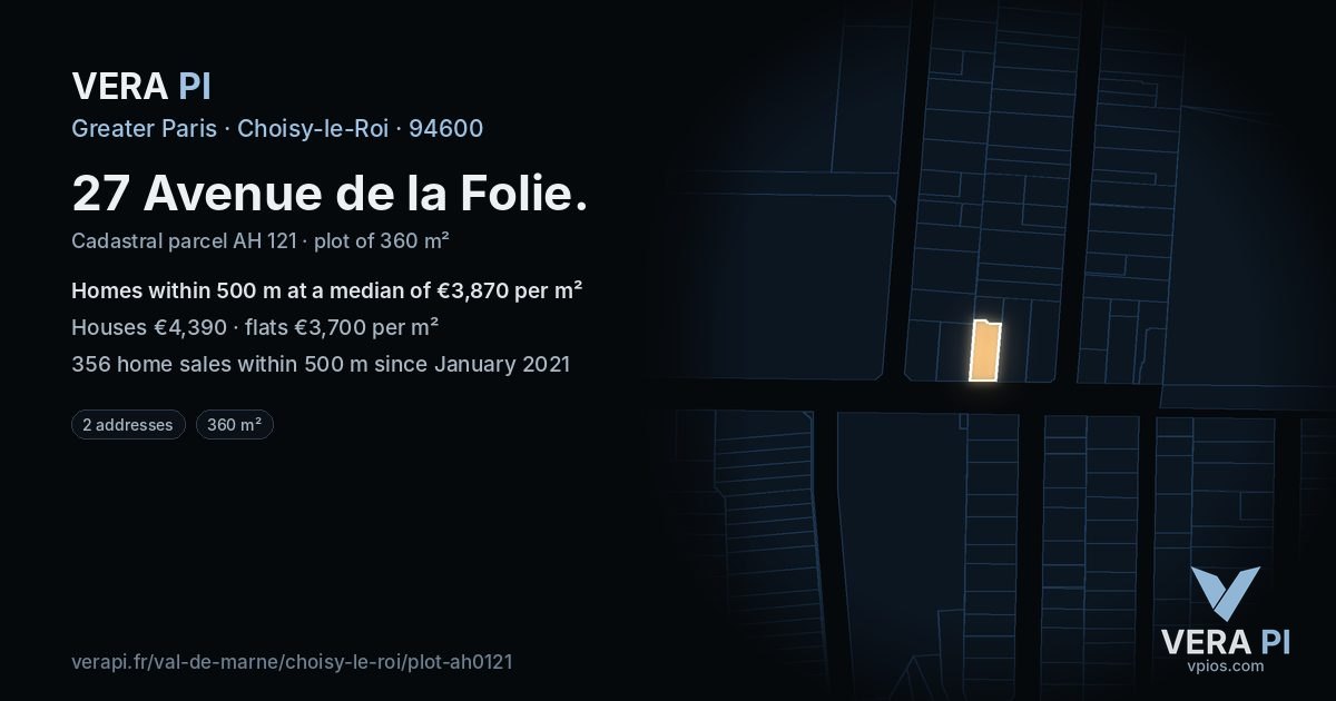 27 Avenue de la Folie, Choisy-le-Roi at night – the plot lit, the parcels around coloured by the prices near them