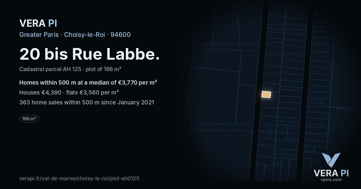 20 bis Rue Labbe, Choisy-le-Roi at night – the plot lit, the parcels around coloured by the prices near them
