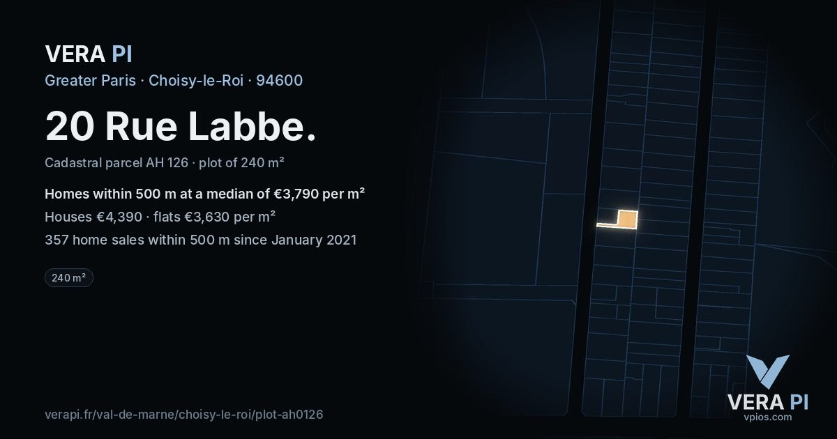 20 Rue Labbe, Choisy-le-Roi at night – the plot lit, the parcels around coloured by the prices near them