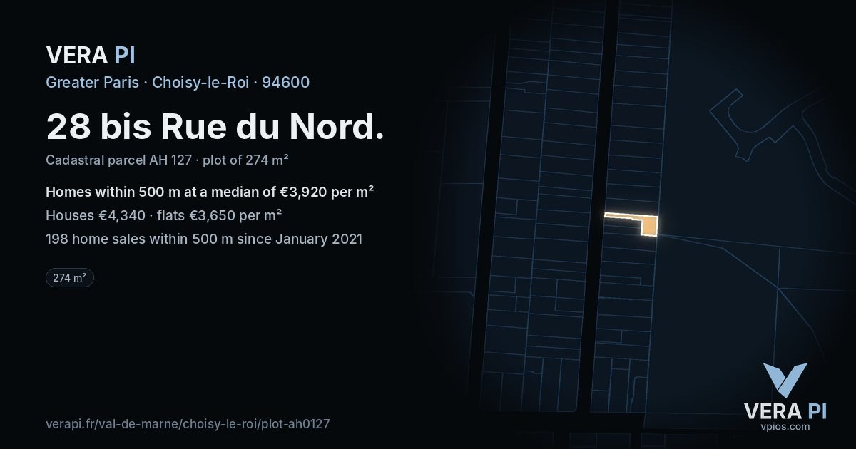 28 bis Rue du Nord, Choisy-le-Roi at night – the plot lit, the parcels around coloured by the prices near them