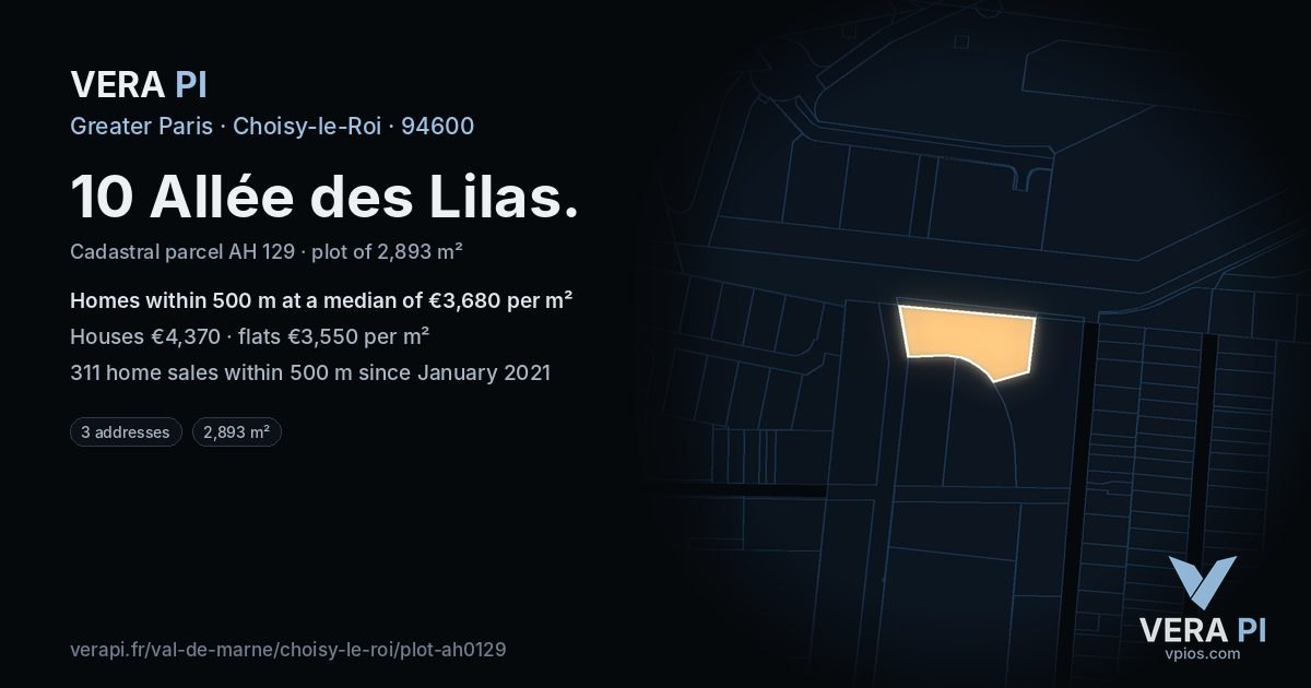 10 Allée des Lilas, Choisy-le-Roi at night – the plot lit, the parcels around coloured by the prices near them