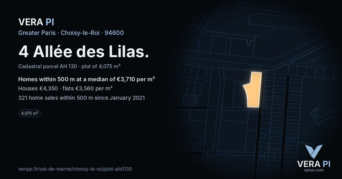 4 Allée des Lilas, Choisy-le-Roi at night – the plot lit, the parcels around coloured by the prices near them