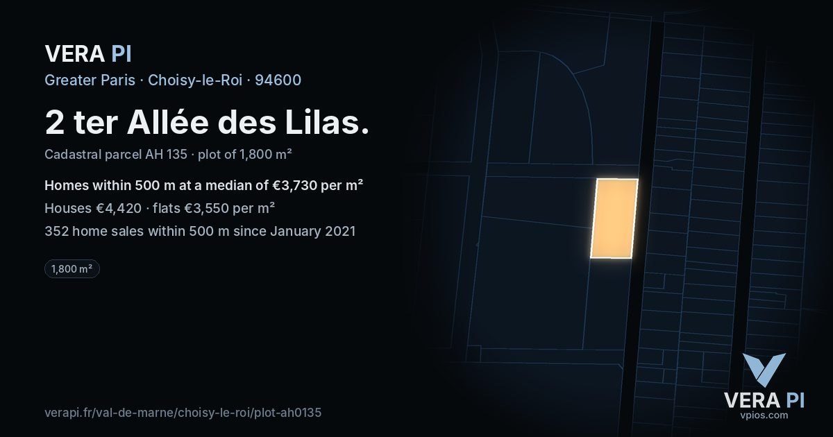 2 ter Allée des Lilas, Choisy-le-Roi at night – the plot lit, the parcels around coloured by the prices near them