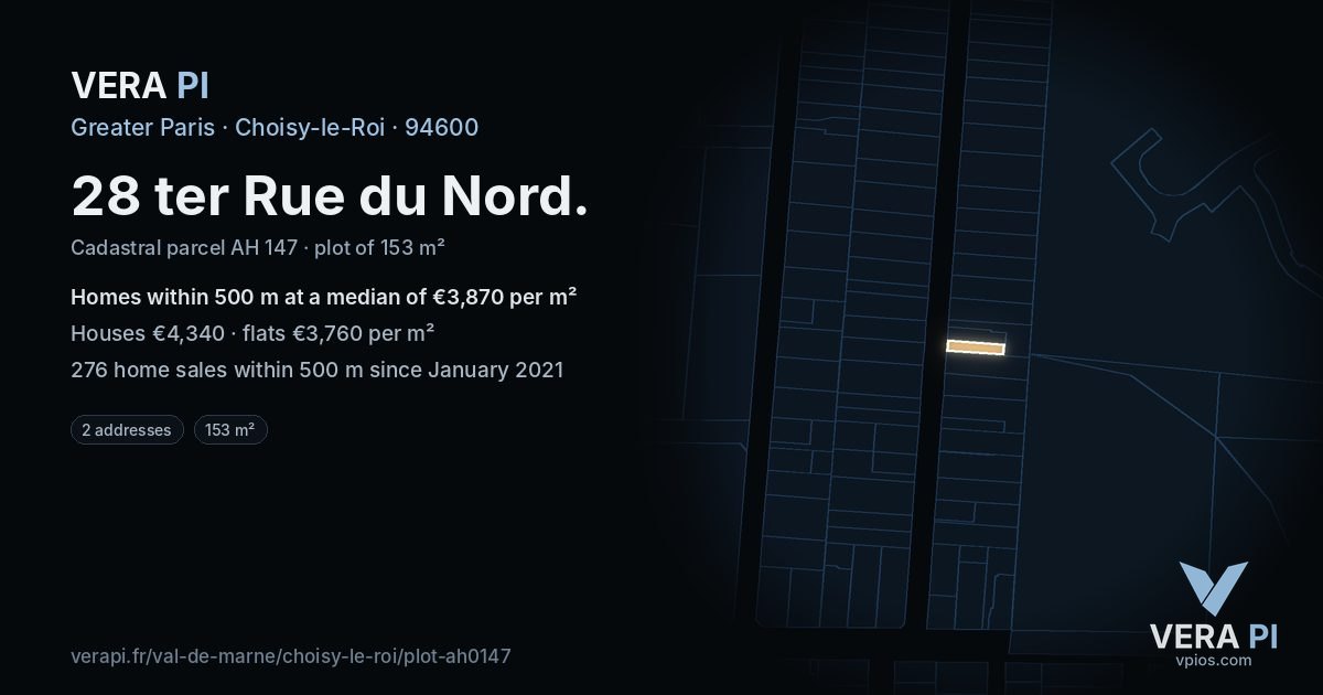28 ter Rue du Nord, Choisy-le-Roi at night – the plot lit, the parcels around coloured by the prices near them