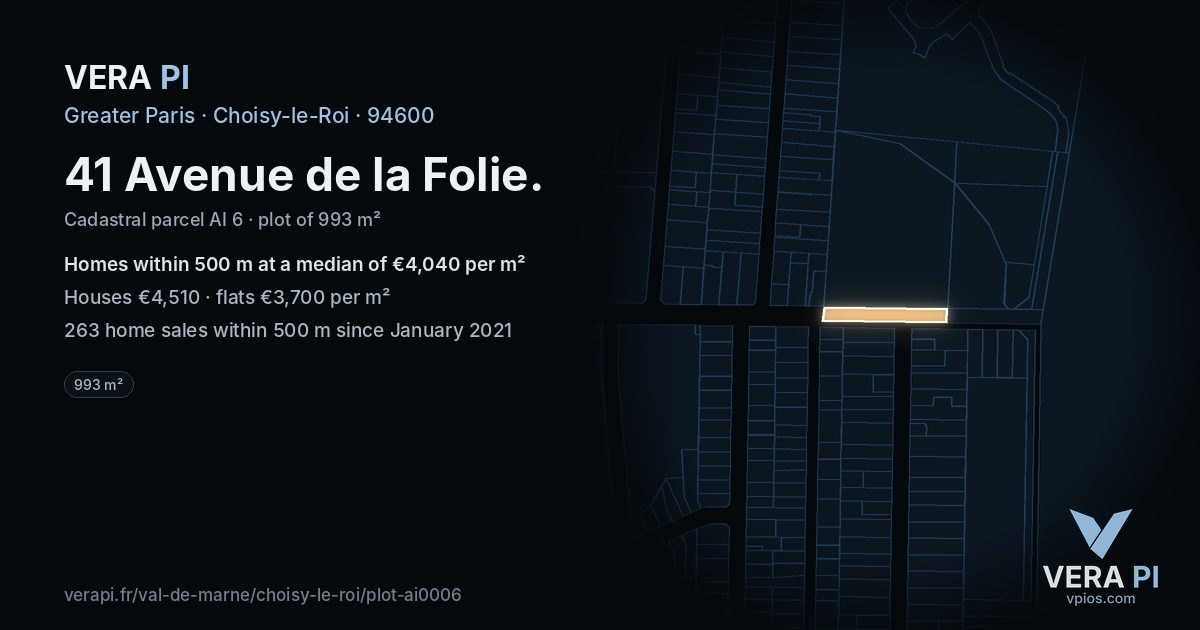 41 Avenue de la Folie, Choisy-le-Roi at night – the plot lit, the parcels around coloured by the prices near them