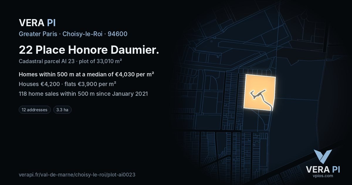 22 Place Honore Daumier, Choisy-le-Roi at night – the plot lit, the parcels around coloured by the prices near them