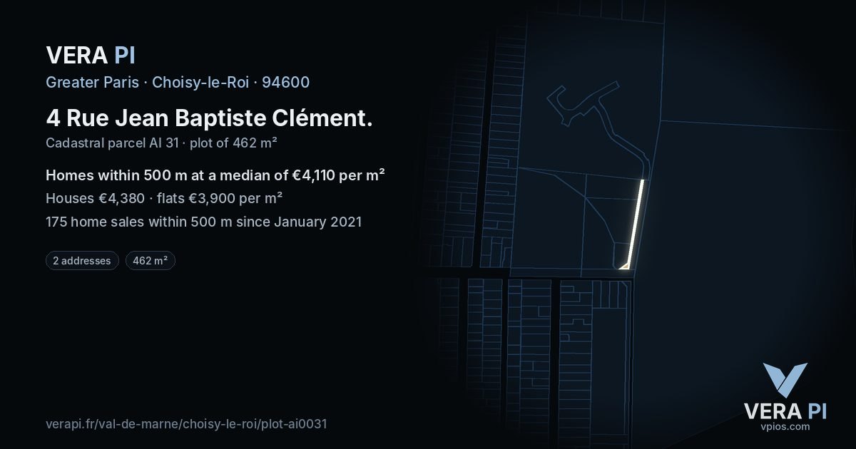4 Rue Jean Baptiste Clément, Choisy-le-Roi at night – the plot lit, the parcels around coloured by the prices near them