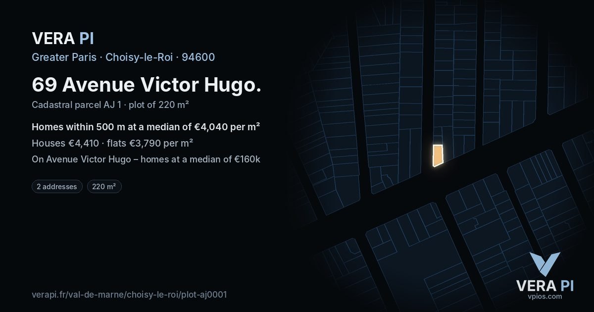 69 Avenue Victor Hugo, Choisy-le-Roi at night – the plot lit, the parcels around coloured by the prices near them