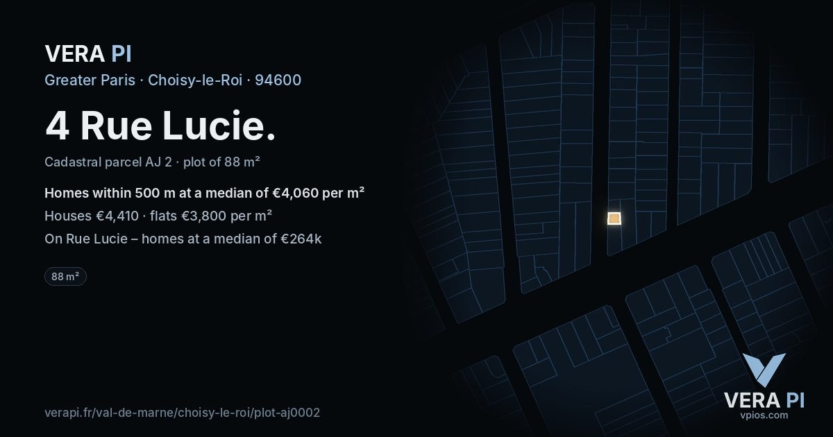 4 Rue Lucie, Choisy-le-Roi at night – the plot lit, the parcels around coloured by the prices near them