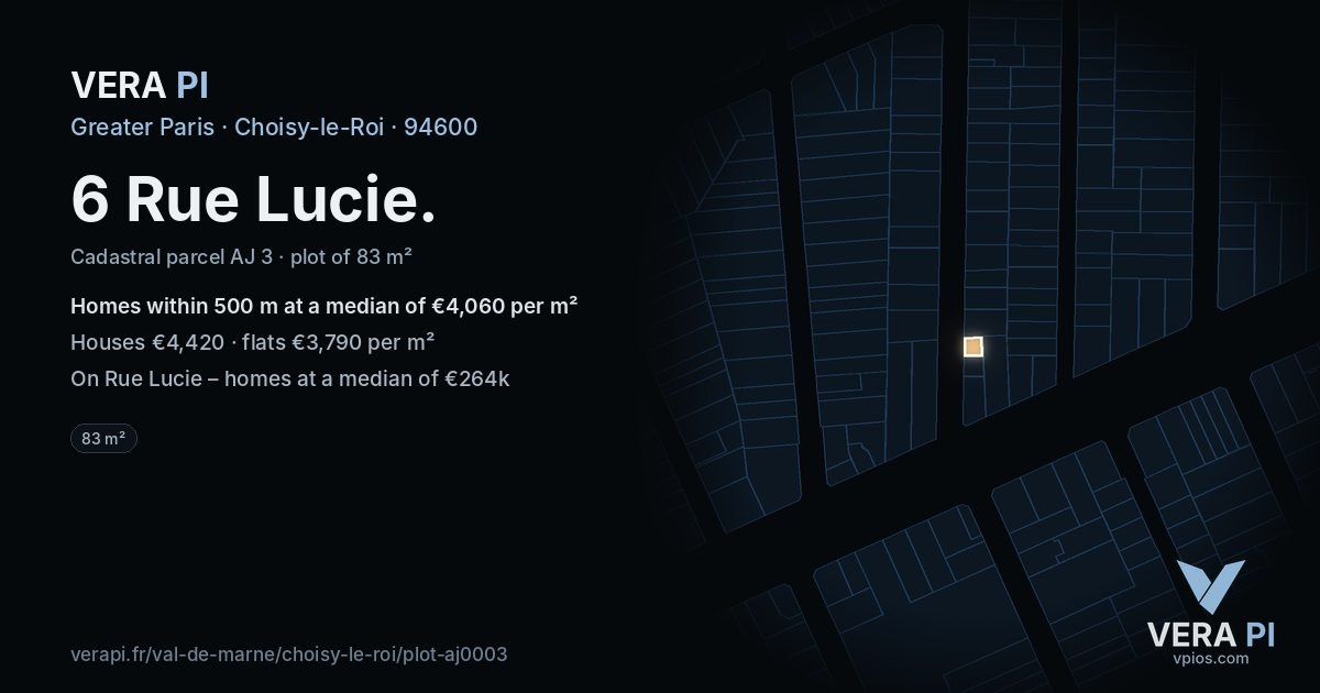 6 Rue Lucie, Choisy-le-Roi at night – the plot lit, the parcels around coloured by the prices near them
