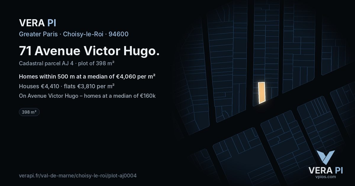 71 Avenue Victor Hugo, Choisy-le-Roi at night – the plot lit, the parcels around coloured by the prices near them