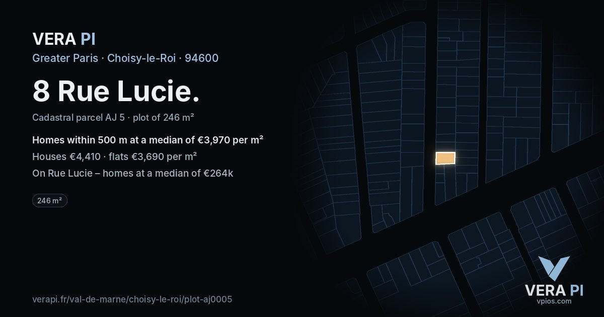 8 Rue Lucie, Choisy-le-Roi at night – the plot lit, the parcels around coloured by the prices near them
