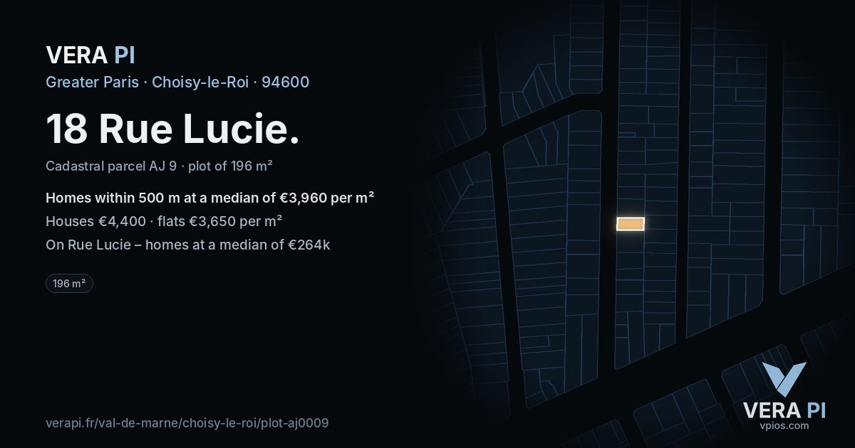 18 Rue Lucie, Choisy-le-Roi at night – the plot lit, the parcels around coloured by the prices near them
