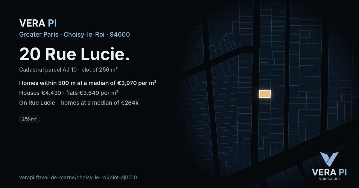 20 Rue Lucie, Choisy-le-Roi at night – the plot lit, the parcels around coloured by the prices near them