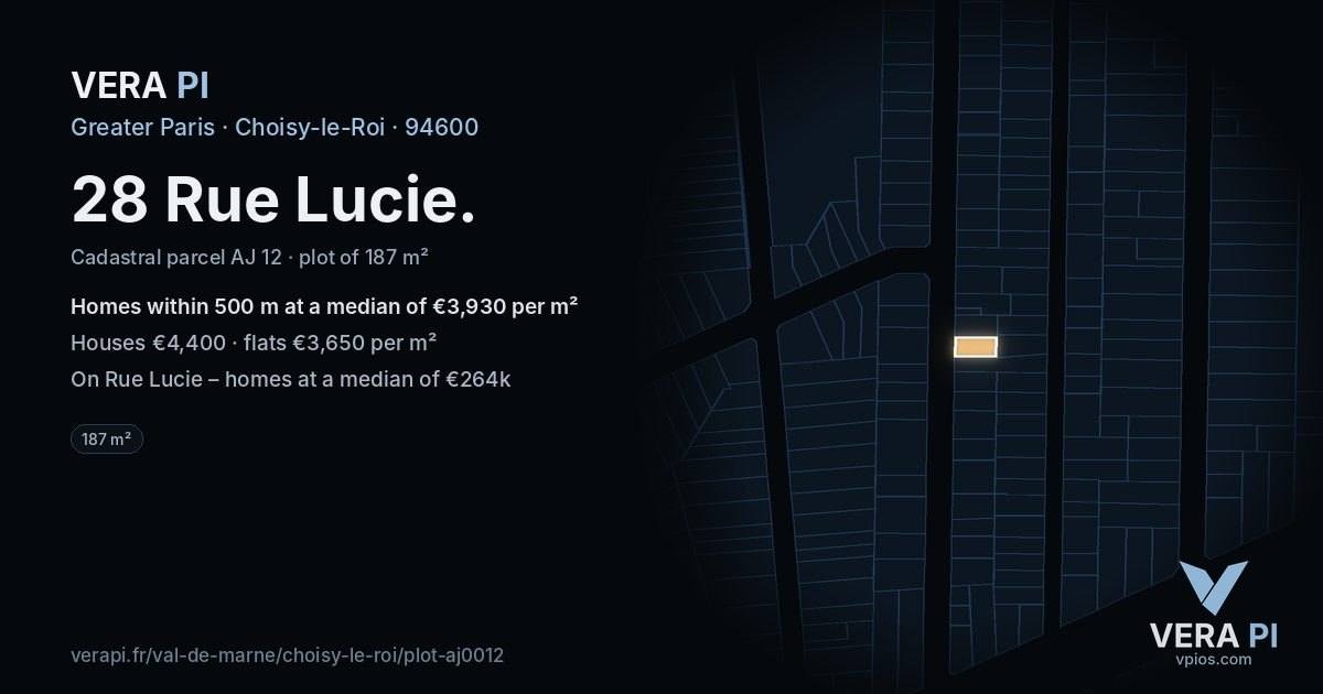 28 Rue Lucie, Choisy-le-Roi at night – the plot lit, the parcels around coloured by the prices near them