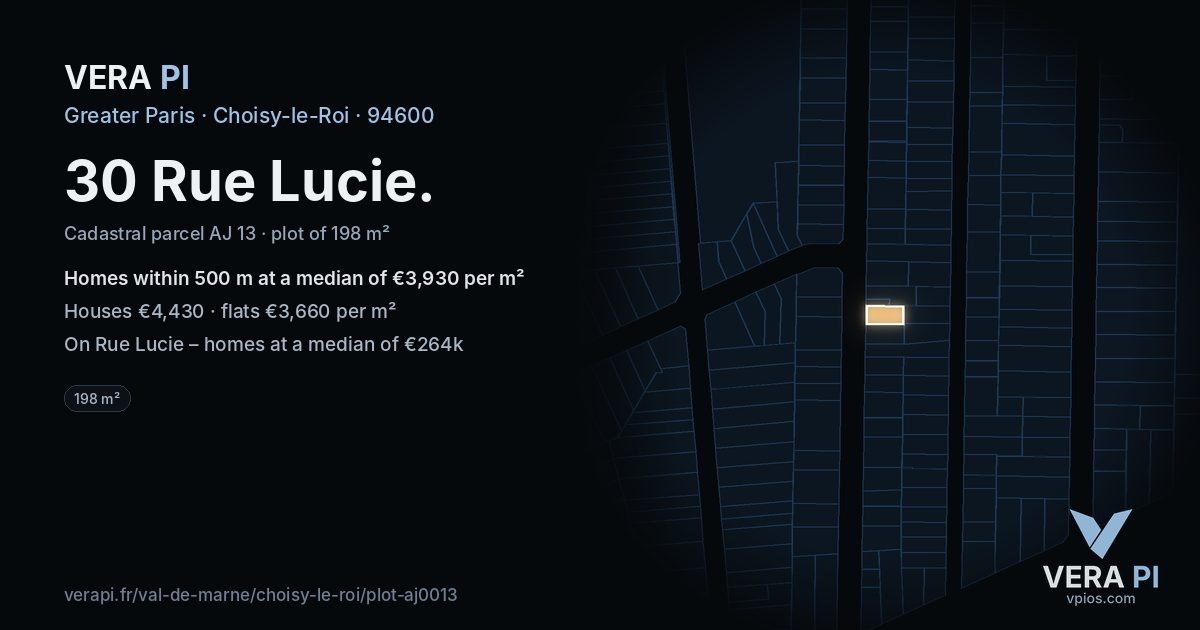 30 Rue Lucie, Choisy-le-Roi at night – the plot lit, the parcels around coloured by the prices near them