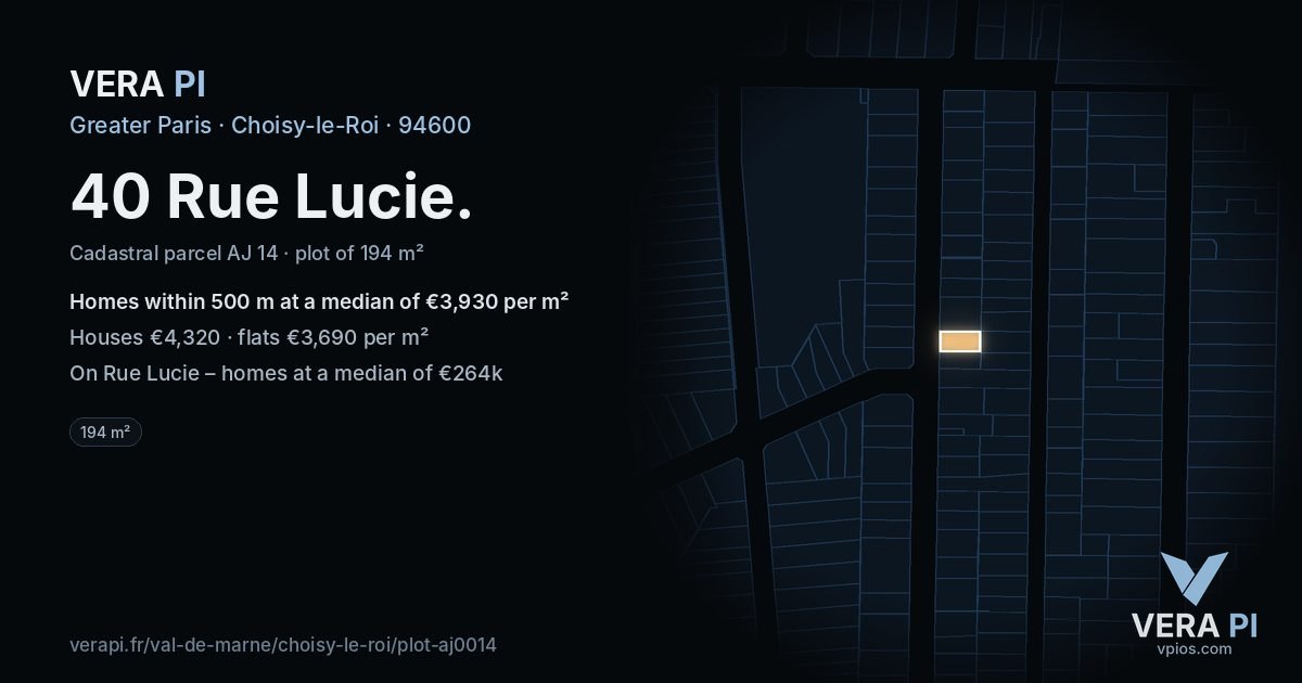 40 Rue Lucie, Choisy-le-Roi at night – the plot lit, the parcels around coloured by the prices near them