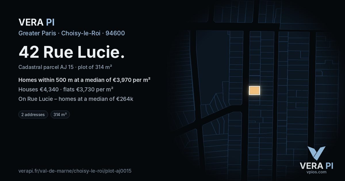 42 Rue Lucie, Choisy-le-Roi at night – the plot lit, the parcels around coloured by the prices near them