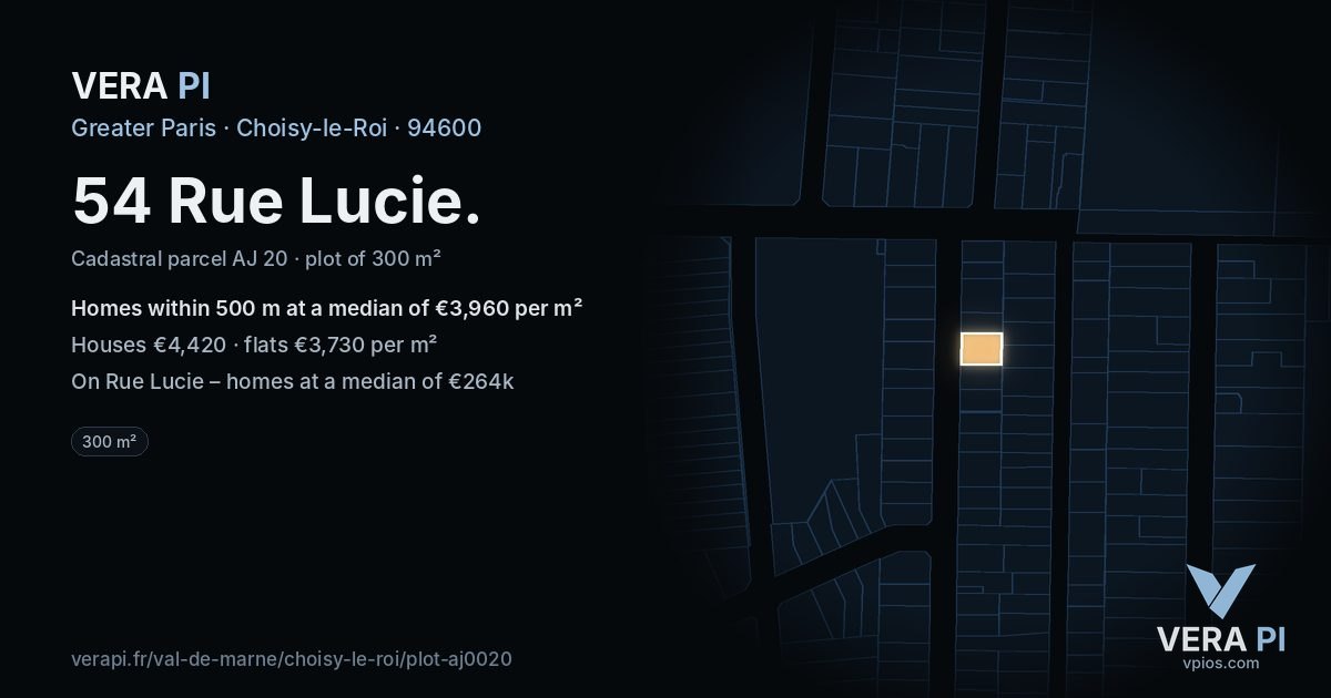 54 Rue Lucie, Choisy-le-Roi at night – the plot lit, the parcels around coloured by the prices near them