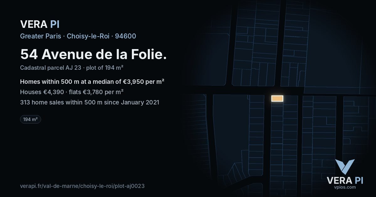 54 Avenue de la Folie, Choisy-le-Roi at night – the plot lit, the parcels around coloured by the prices near them
