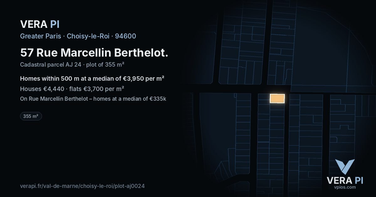 57 Rue Marcellin Berthelot, Choisy-le-Roi at night – the plot lit, the parcels around coloured by the prices near them