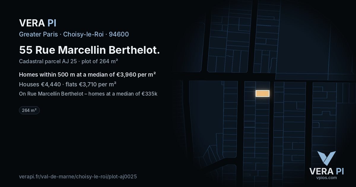 55 Rue Marcellin Berthelot, Choisy-le-Roi at night – the plot lit, the parcels around coloured by the prices near them