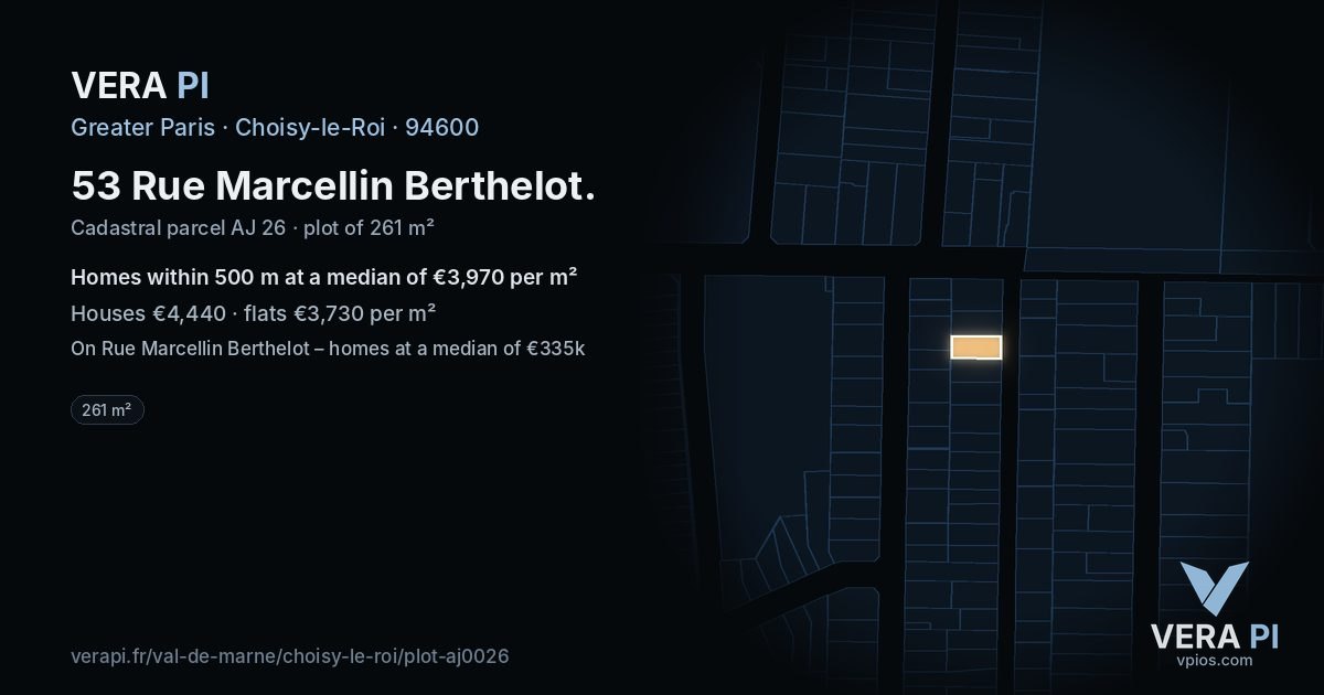 53 Rue Marcellin Berthelot, Choisy-le-Roi at night – the plot lit, the parcels around coloured by the prices near them