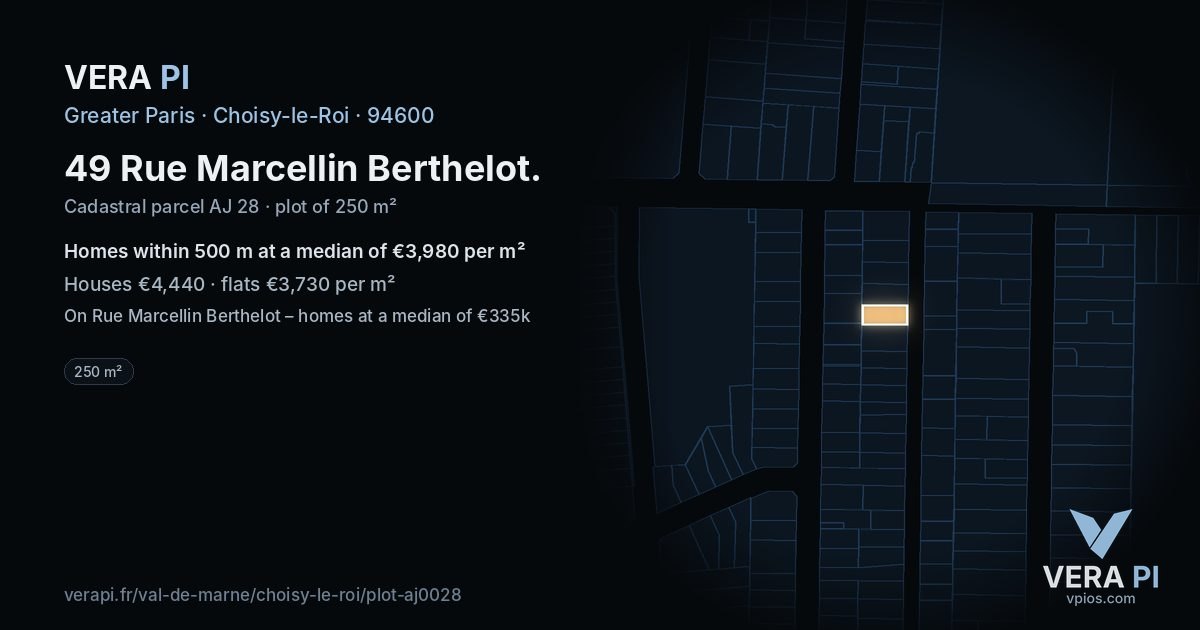 49 Rue Marcellin Berthelot, Choisy-le-Roi at night – the plot lit, the parcels around coloured by the prices near them
