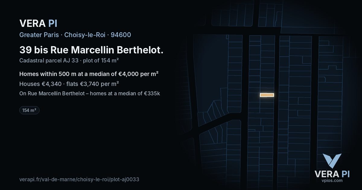 39 bis Rue Marcellin Berthelot, Choisy-le-Roi at night – the plot lit, the parcels around coloured by the prices near them