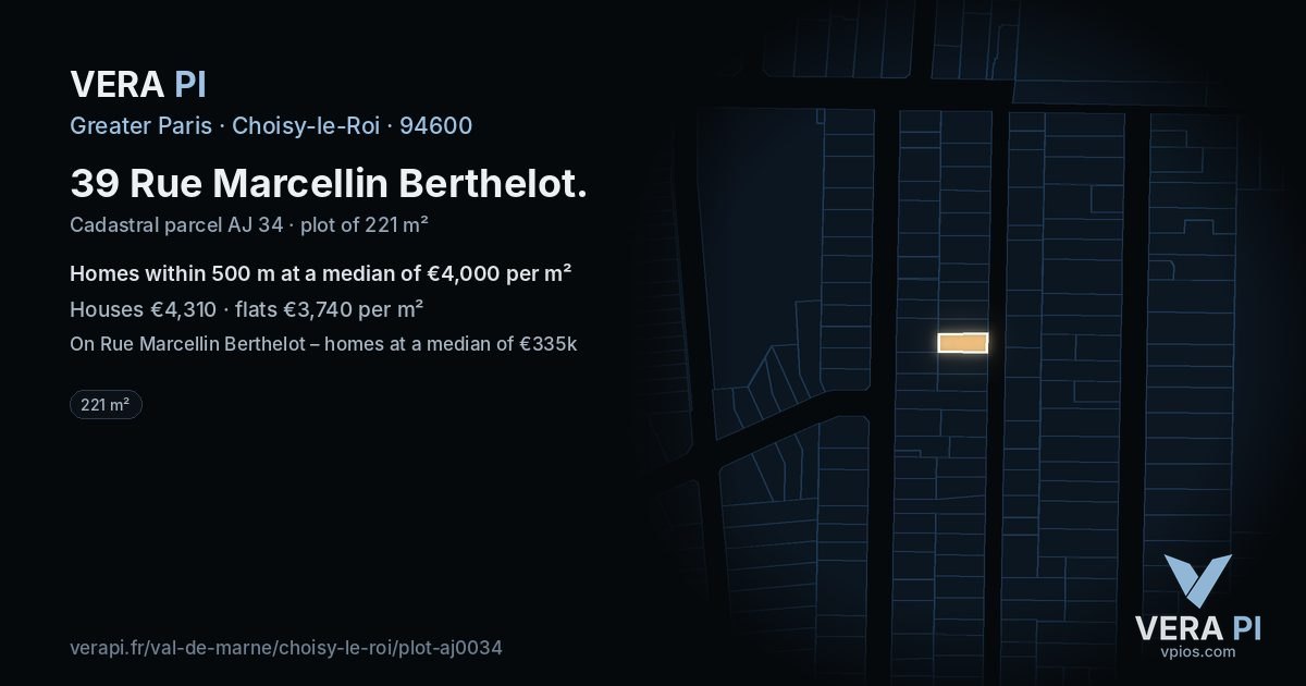 39 Rue Marcellin Berthelot, Choisy-le-Roi at night – the plot lit, the parcels around coloured by the prices near them