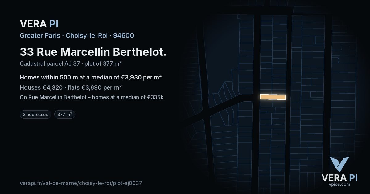 33 Rue Marcellin Berthelot, Choisy-le-Roi at night – the plot lit, the parcels around coloured by the prices near them
