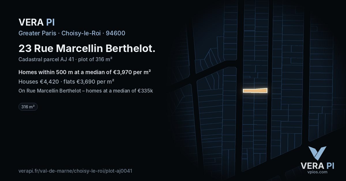 23 Rue Marcellin Berthelot, Choisy-le-Roi at night – the plot lit, the parcels around coloured by the prices near them