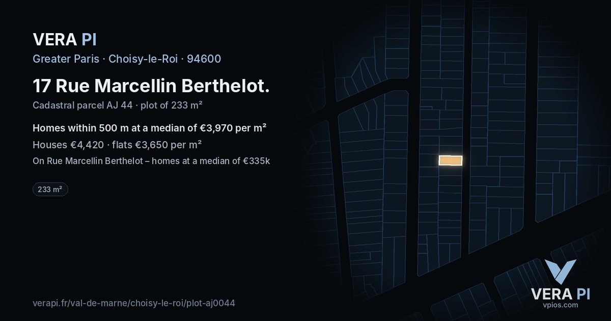 17 Rue Marcellin Berthelot, Choisy-le-Roi at night – the plot lit, the parcels around coloured by the prices near them