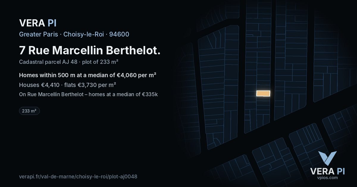 7 Rue Marcellin Berthelot, Choisy-le-Roi at night – the plot lit, the parcels around coloured by the prices near them