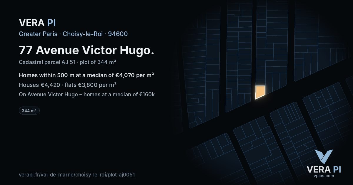 77 Avenue Victor Hugo, Choisy-le-Roi at night – the plot lit, the parcels around coloured by the prices near them