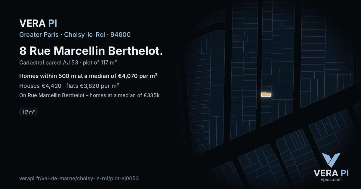 8 Rue Marcellin Berthelot, Choisy-le-Roi at night – the plot lit, the parcels around coloured by the prices near them