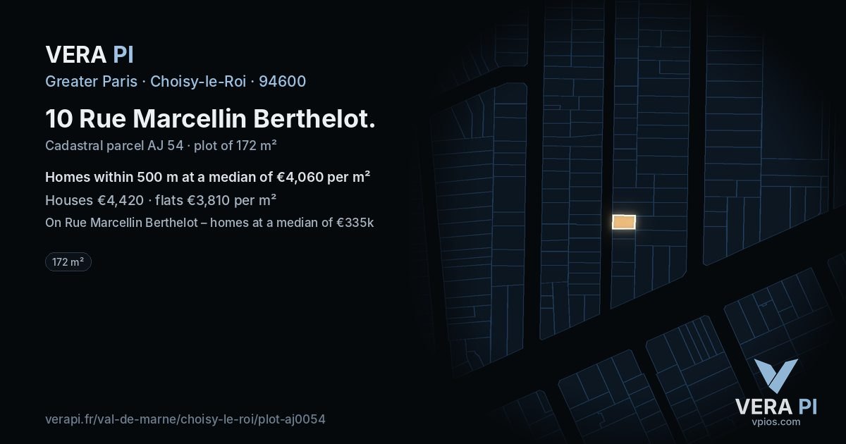 10 Rue Marcellin Berthelot, Choisy-le-Roi at night – the plot lit, the parcels around coloured by the prices near them