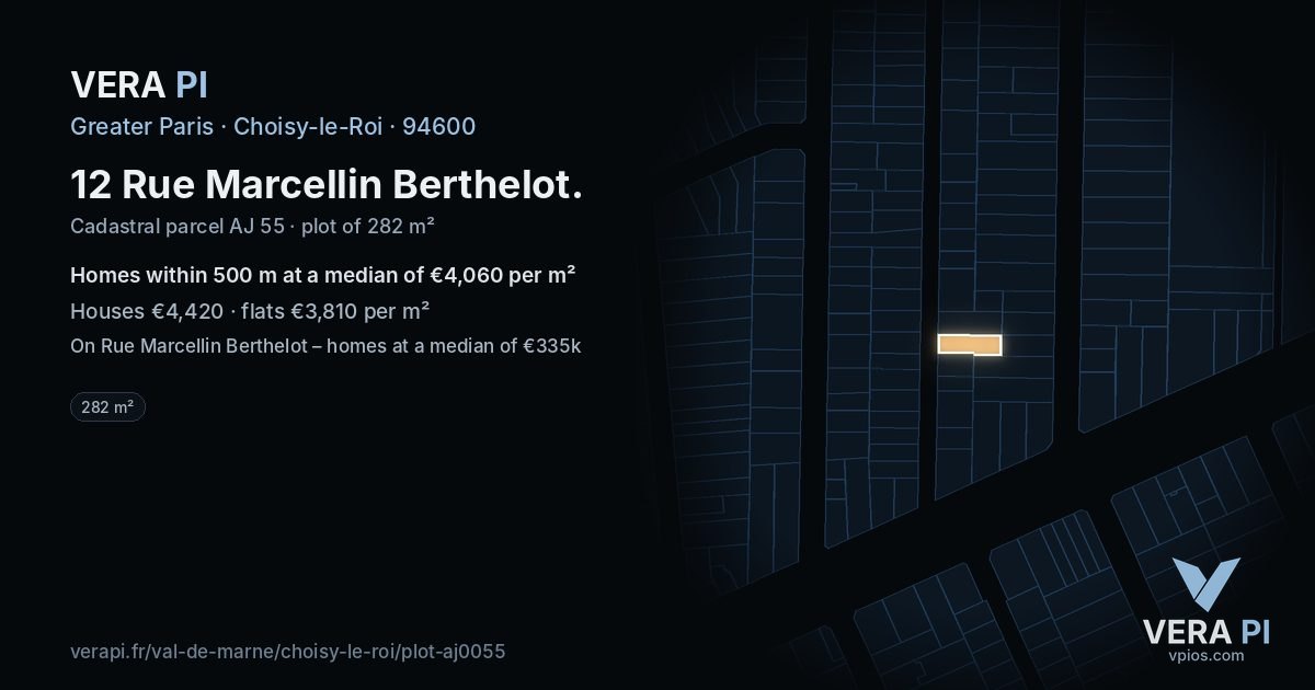 12 Rue Marcellin Berthelot, Choisy-le-Roi at night – the plot lit, the parcels around coloured by the prices near them