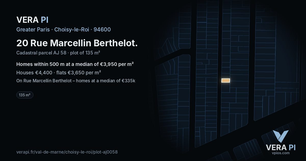 20 Rue Marcellin Berthelot, Choisy-le-Roi at night – the plot lit, the parcels around coloured by the prices near them
