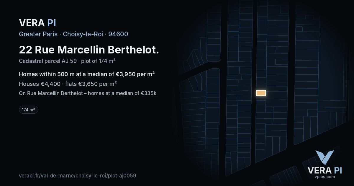 22 Rue Marcellin Berthelot, Choisy-le-Roi at night – the plot lit, the parcels around coloured by the prices near them