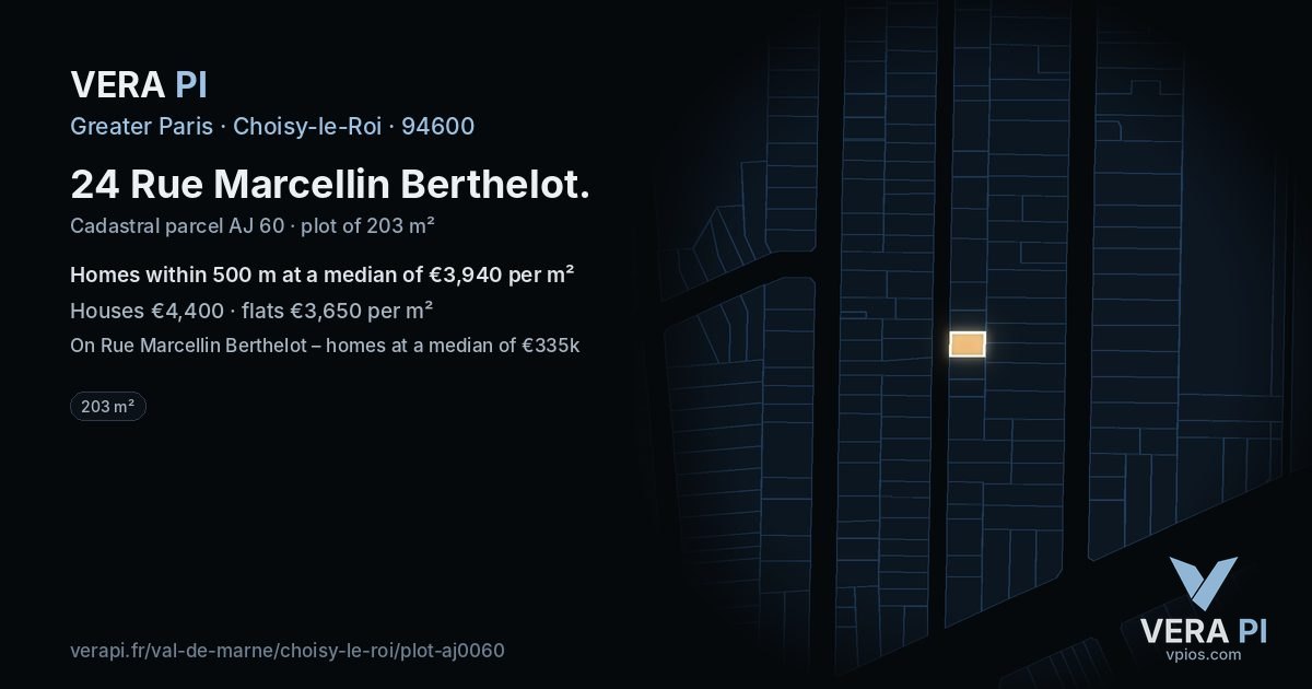 24 Rue Marcellin Berthelot, Choisy-le-Roi at night – the plot lit, the parcels around coloured by the prices near them